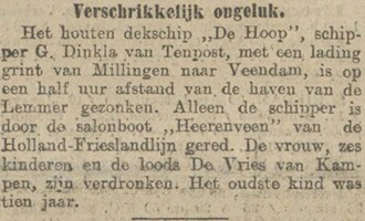 Item in the Algemeen Handelsblad newspaper about the sinking of De Hoop