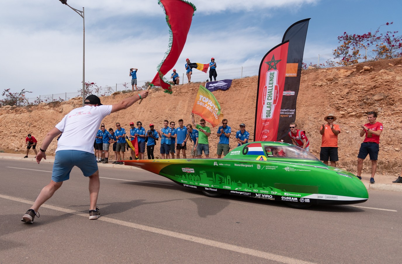 The solar car of Top Dutch Solar Racing during the Solar Challenge in Morocco