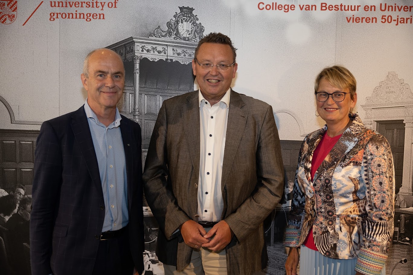Het College van Bestuur: Hans Biemans, Jouke de Vries en Cisca Wijmenga.The Board of the University, from left to right: Hans Biemans, Jouke de Vries and Cisca Wijmenga