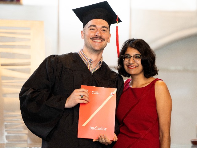 Johan Lakke at his bachelor's graduation with dr. Indira van der Zande, Director of Education at Campus Fryslân