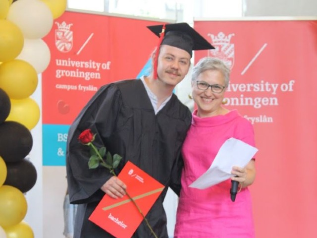 Tabio Romanski and his Academic Advisor Sepideh Yousefzadeh during the graduation ceremony