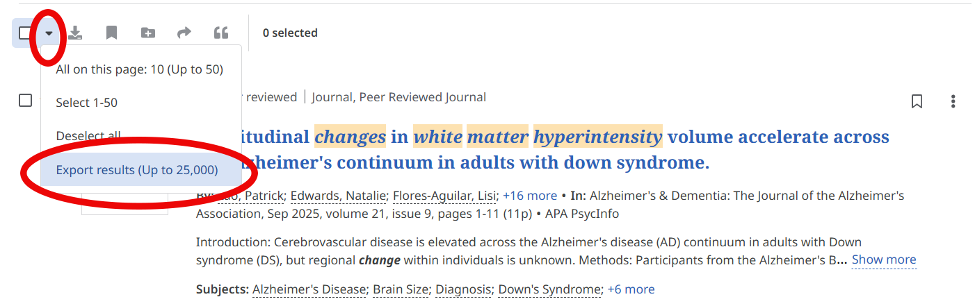 Screendump: click on the left on the arrow down and choose Export results (up to 25.000)