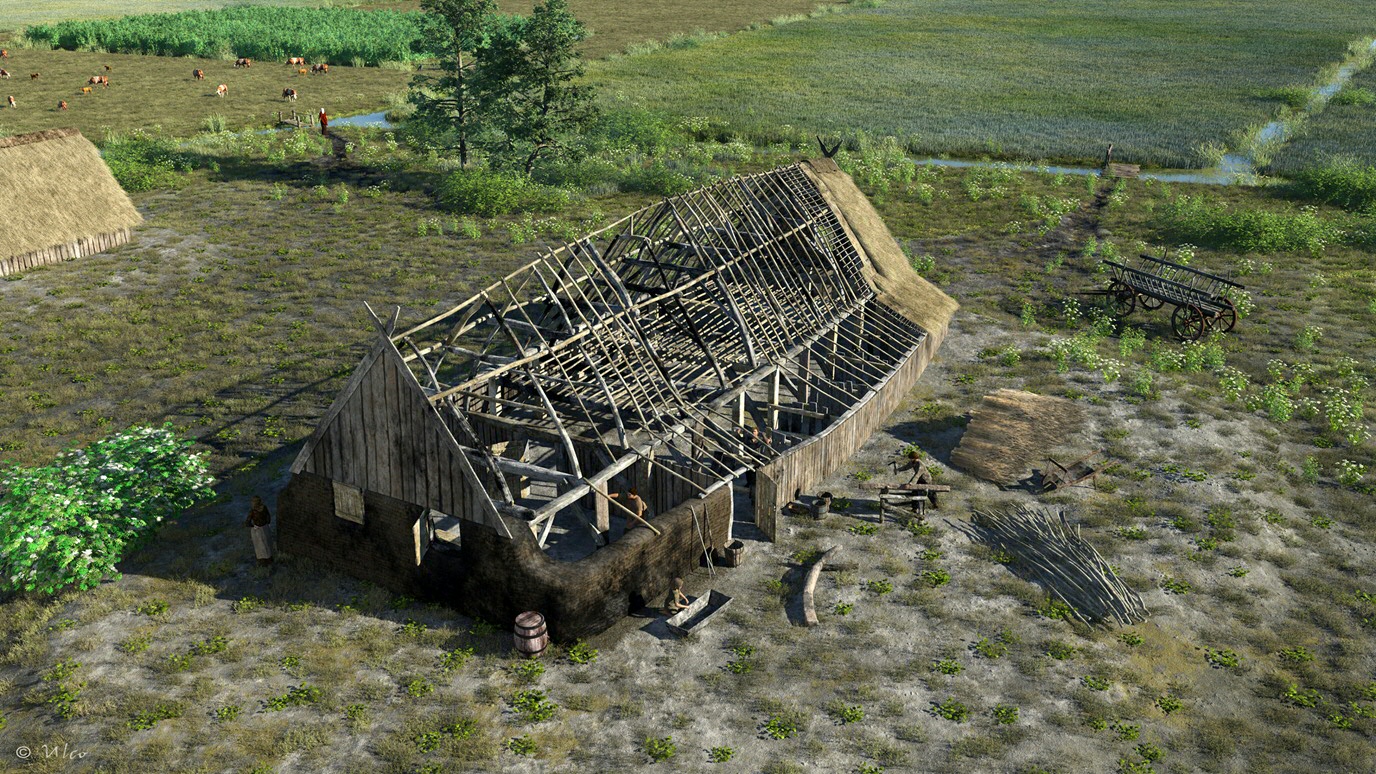 Reconstructietekening van een middeleeuwse huisplaats in De Onlanden, zoals die er in de 13e eeuw uitzag: op een lichte verhoging van klei staat een huis met wanden van turven en planken, dat nog in aanbouw is (© U. Glimmerveen).