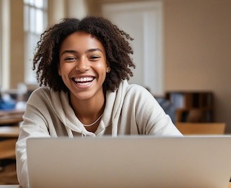 happy student using laptop