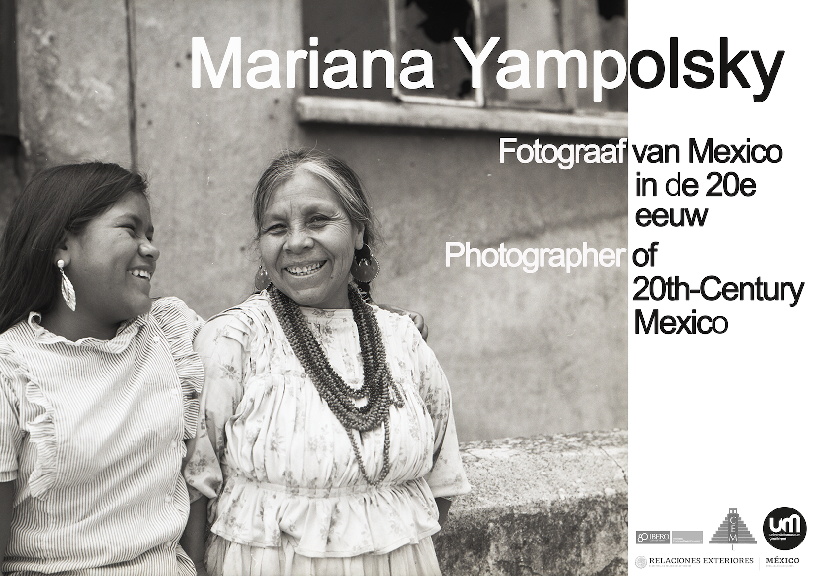 Flyer featuring a black and white photograph of two smiling Mexican women.