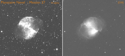 Opnames van de Halternevel (M27) in twee kleuren licht: H-alpha (dieprood) en OIII (blauwgroen). De H-alpha opname verraadt de aanwezigheid van waterstof. De zuurstof opname verraadt de aanwezigheid van zuurstof. De halternevel is een planetaire nevel: een gaswolk die ontstaat als een lichte ster (zoals de zon) aan het einde van zijn leven zijn buitenste lagen uitstoot.