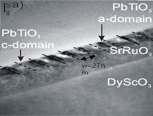 Figure 3. Very thin a-domains with a well-defined and very small width of 6 nm are observed by TEM. (Image by Sriram Venkatesan)